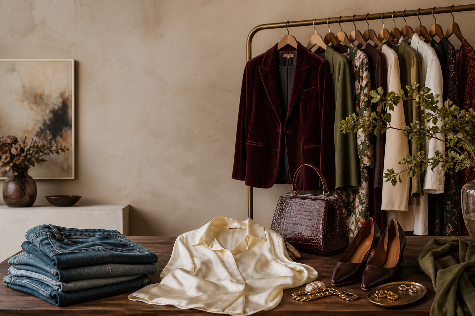 A curated Loberry Fashion clothing rack and styling table